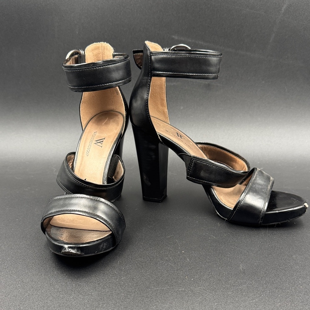 Worthington Black Leather Ankle-Strap Block Heels